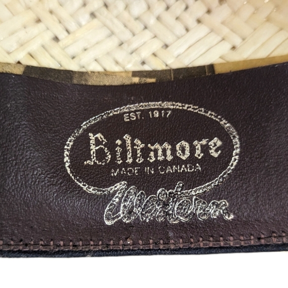 Biltmore Western Cowboy Hat Straw Feather Leather Band 7 1/8 57 cm Ivory Brown - Picture 10 of 13